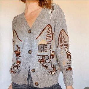 Kourt Gray Village Night Embroidered Cardigan Sweater Cashmere Wool Blend